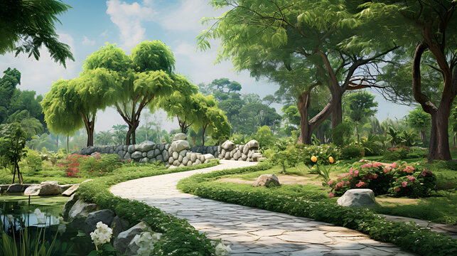 a painting of a path through a lush green park, a detailed matte painting by senior environment artist, cg society contest winner, photorealism