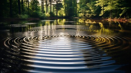 The smooth surface of a still pond disrupted by a single drop, creating concentric ripples. - obrazy, fototapety, plakaty