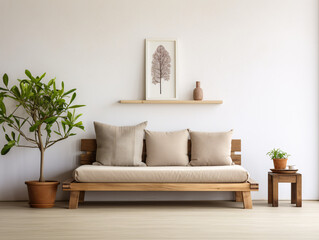 beige futon with wooden frame