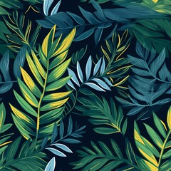 tropical green leaves on navy blue paper acrylic painted seamless pattern
