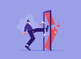 Business concept of overcoming obstacles, businessman kicks the door until door shattered, man kicking locked door and destroy