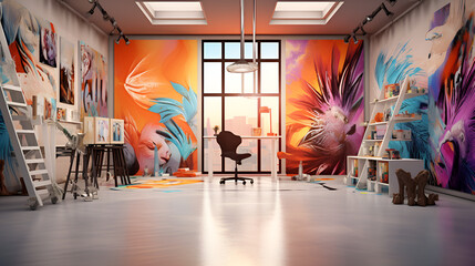 a room with a large painting on the wall, a 3D render by Jan Tengnagel, behance contest winner, photorealism, behance hd, artstation hq, vray tracing

