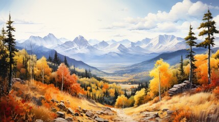 A watercolor painting of a mountain range in the distance with a foreground of trees in fall colors. AI Generative
