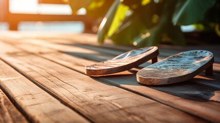 A close-up of flip-flops on sunlit wooden planks, signaling leisure and relaxation.