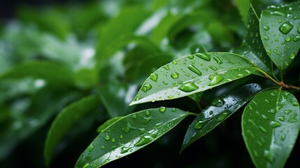 A close-up of rain droplets on forest leaves, capturing the freshness of a post-rain environment.