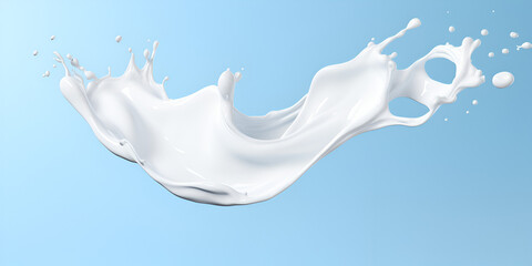 milk splash isolated on blue background,Milk or yogurt splash, white splash, 3d rendering.Milk or yogurt splash flow isolated on blue background
