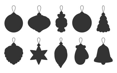 Christmas tree toy black glyph silhouette set. New year holiday decoration stamp stencil mark trace candy star ball pine cone icicle mitten bell spiral gift celebration design party element isolated 