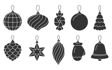Christmas tree toy black glyph silhouette set. New year holiday decoration stamp stencil mark trace candy star ball pine cone icicle mitten bell spiral gift celebration design party element isolated 