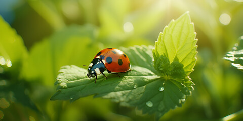 ladybird on plant in a green nature setting with plenty of space for cop ultrarealistic photo background with morning fresh grass and red ladybug on green leaf grass with blur background Ai Generative