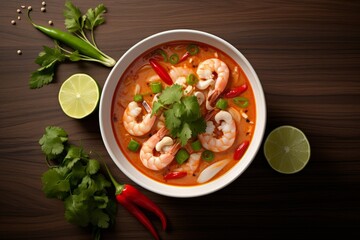 Photo of a bowl of Thai tom yum soup with fresh ingredients on a crisp white countertop. Generative AI