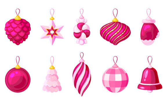 Christmas tree toys glass holiday cartoon flat set. New Year decoration pink red gold candy star ball pine cone icicle mitten bell spiral gift celebration design party element isolated 