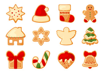 Christmas gingerbread sugar glaze cookie flat set. Winter dessert milk red green santa hat sock house star snowflake angel xmas tree gift bow ribbon ginger man candy cane bell sticky icing isolated