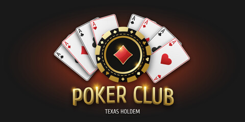 Obraz na płótnie Canvas Poker Club. Realistic playing token chips diamonds and playing ace cards of all suits. Gambling coin with suit diamonds. Banner for web app or site. Vector poster for championship.