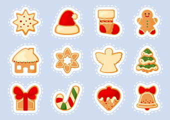 Christmas gingerbread sticker cut line sugar glaze cookie flat set. Winter dessert santa hat sock house star snowflake angel xmas tree gift bow ribbon ginger man candy cane bell sticky icing isolated
