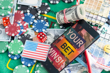 Fototapeta na wymiar playing cards and american dollars, bank form. Gambling concept