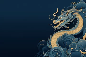 Fotobehang Dragon on blue background. Vector illustration for Chinese New Year. Golden dragon. © Aonsnoopy