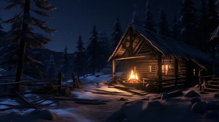 A cozy wooden cabin lit from within, offering a beacon of warmth in the cold winter night.