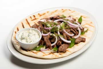 Photo of a plate of Greek gyro with tzatziki sauce on a spotless white table. Generative AI