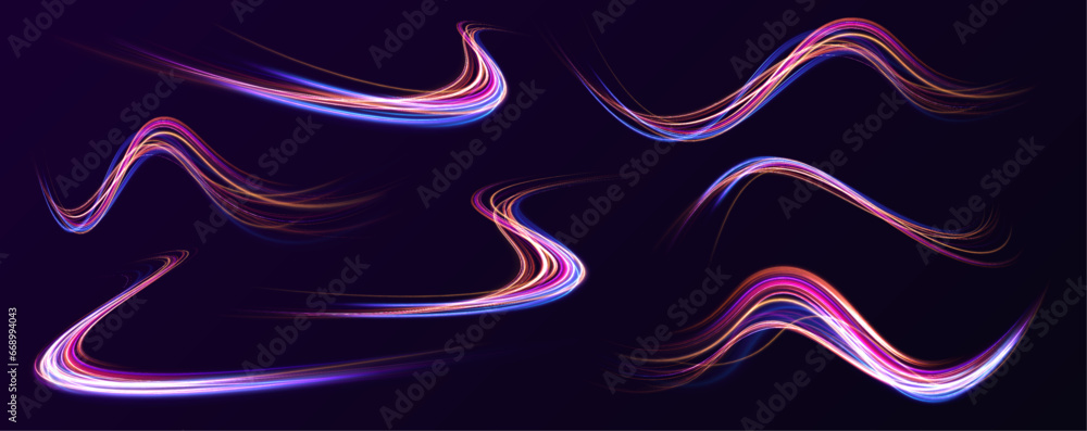 Poster neon swirls with light effect in the form of a spiral. laser beams, horizontal light rays. particle 
