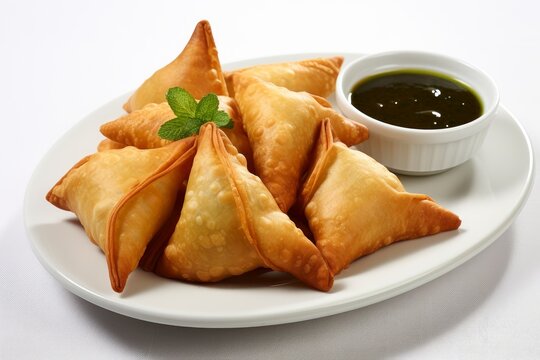 Photo of a plate of Indian samosas with chutney on a pure white sheet . Generative AI