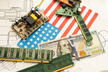 United States flag , motherboard and dollars USA money.