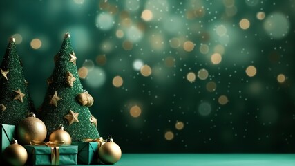 Christmas decoration with pine trees with gift boxes with balls on green background and beautiful bokeh light backdrop. For copy areas, banners, text, advertisements.