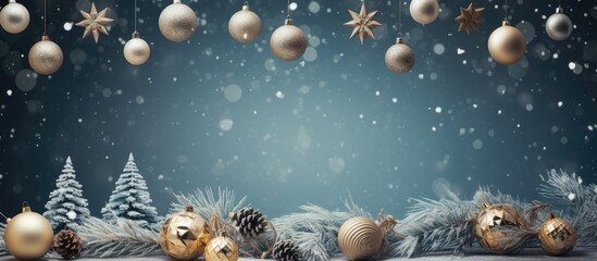 Snow covered tree branch with Christmas decorations and empty space for text