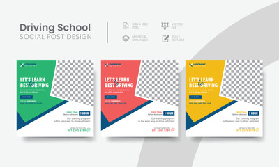 Driving school social media post for wanted to learn promo ads design. High-quality vehicle driving school social media post layout for promotional advertising. Vol - 11