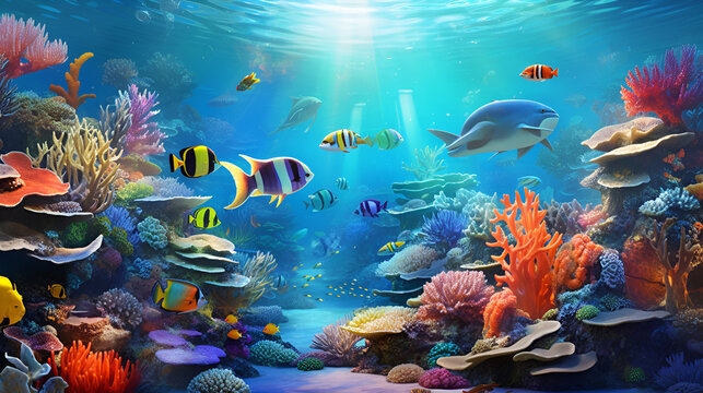 an underwater scene with many different types of fish, a detailed matte painting by RHADS, cg society contest winner, photorealism, behance hd, uhd image, volumetric lighting
