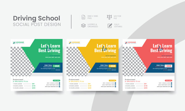 Driving school social media post for wanted to learn promo ads design. High-quality vehicle driving school social media post layout for promotional advertising. Vol - 12