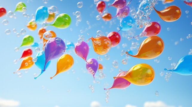 Water balloons mid-flight during a playful summer battle, droplets suspended in the air.