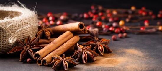 On board there are fragrant vanilla pods cinnamon sticks star anise and cloves for cooking or baking - obrazy, fototapety, plakaty