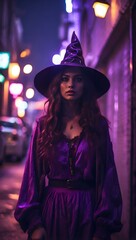 Obraz na płótnie Canvas Girl in Purple Halloween Witch Costume on the Street