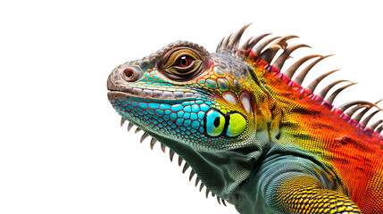 Close Up image of a colorful iguana on a transparent background PNG.