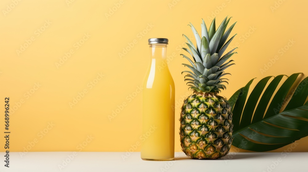 Poster refreshing pineapple juice in a minimalistic bottle ai generated