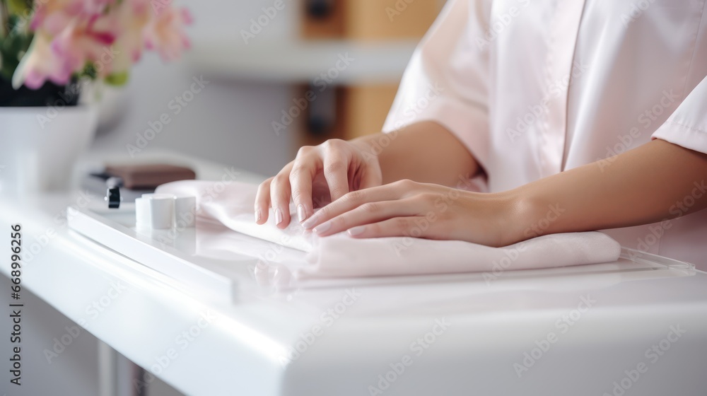 Poster minimalistic superb clean image of a client getting her nails done ai generated