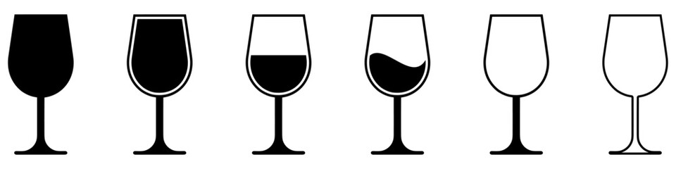 Wine glass icon. Set of various wine glasses. Black silhouette of wine glass.