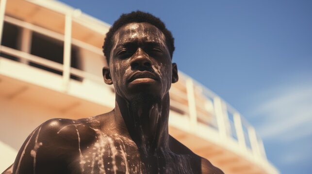 Minimalistic Image of a Dark-Skinned Man with Vitiligo on a Ship AI Generated