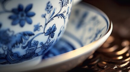 A detailed view of the intricate design on a vintage porcelain tea cup, every brush stroke in sharp focus.