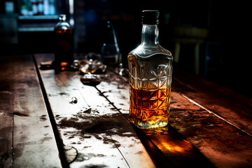 An alcohol kills. An empty alcohol bottle on a table on a dark background. The concept of alcohol dependence. An empty alcohol bottle on the table 