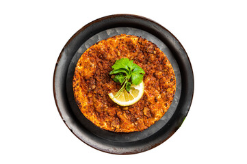 Traditional delicious Turkish foods lahmacun with mince lamb meat in steel tray. Wooden background. Top view