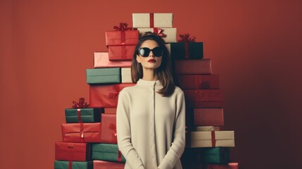 Anonymous Woman with Stack of Christmas Boxes AI Generated