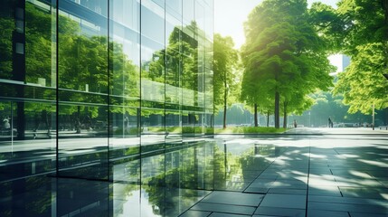 Striking Double Exposure: Corporate Glass Building Embracing Sustainability – ESG Concept with Green Reflections, Business Partner Success, and Trust