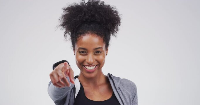 Face of black woman with smile, pointing at you and choice for announcement, vote or opportunity in studio. Decision, yes and model with hand gesture showing offer, promo or deal on white background.