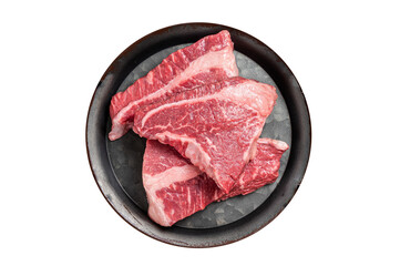 Raw Silverside sirloin beef steak cut on butcher tray. Black background. Top view