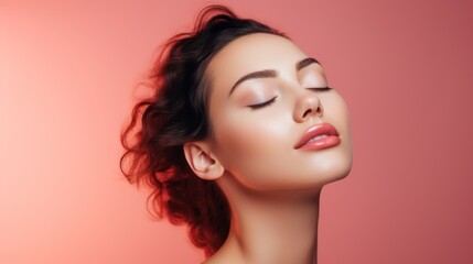 Fototapeta premium Beautiful Woman with Closed Eyes in Minimalistic Style AI Generated