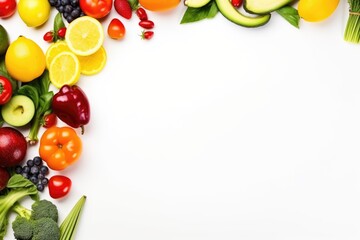 fresh fruits and vegetables frame on white background