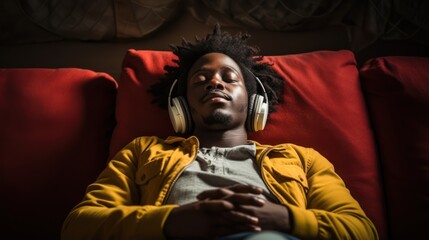 Fototapeta premium Minimalistic Image of a Black Male Listening to Music on Carpet AI Generated