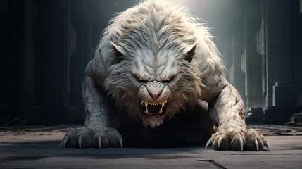 Obraz premium Fierce white creature growling in ruins.