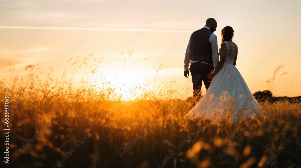 Poster minimalistic superb clean image of bride and groom in field at sunset ai generated